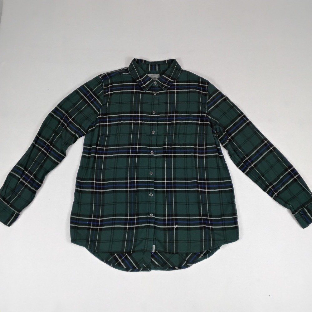 G.H. Bass & Co Women Plaid Flannel Shirt Green Reworked Cropped Back Button L